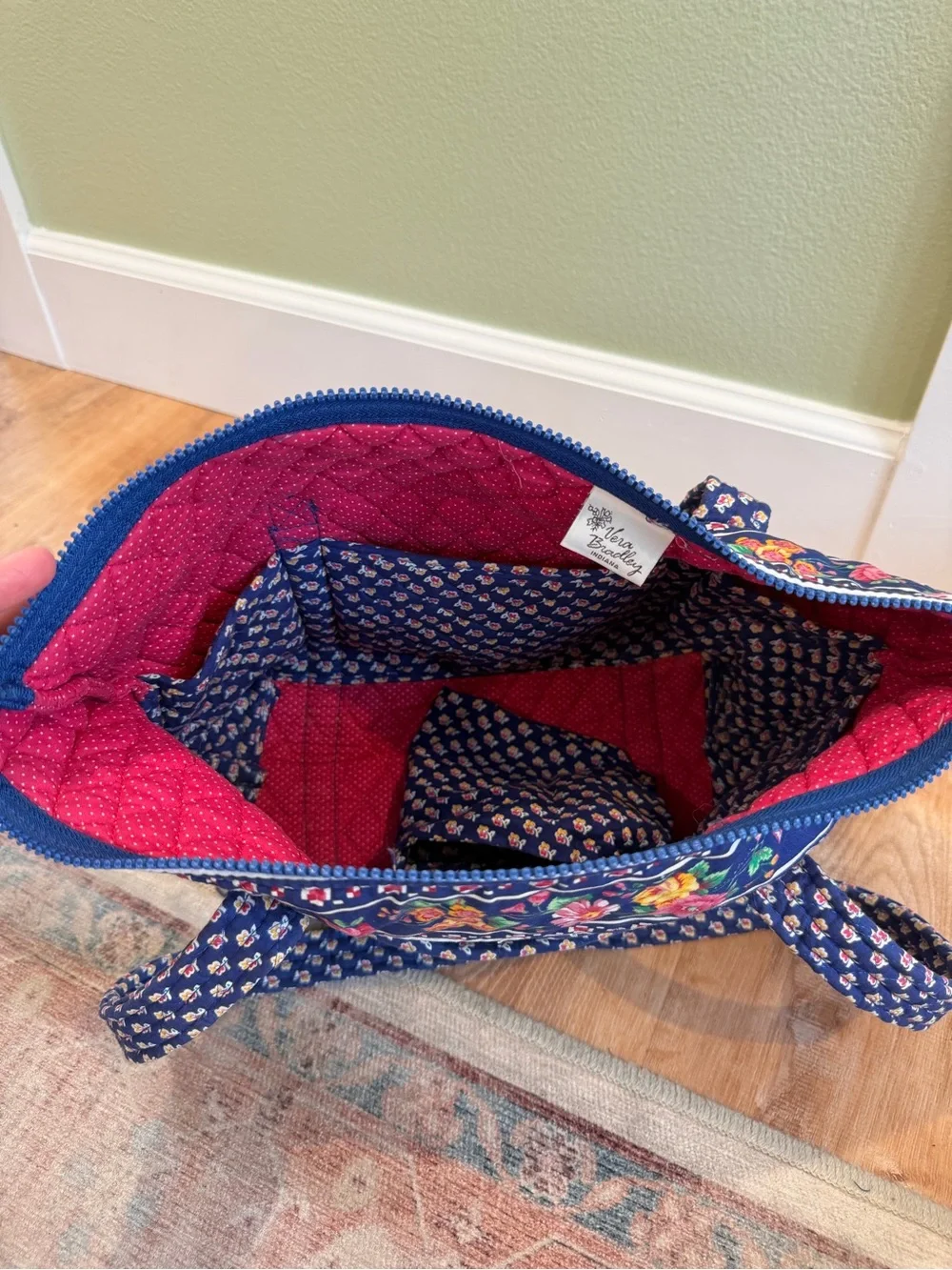 Vintage Vera Bradley Navy Quilted Shoulder Bag with Floral Trim